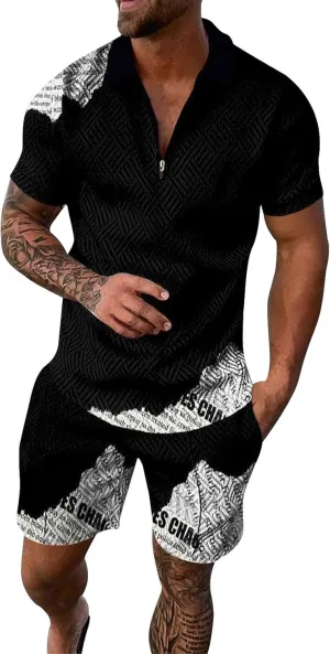 Mens Linen Outfits 2 Piece Men'S Vacation Clothes Striped Short Sleeve Mens Polo Shirts 2 Pieces Set Men Beach Outfits Sets
