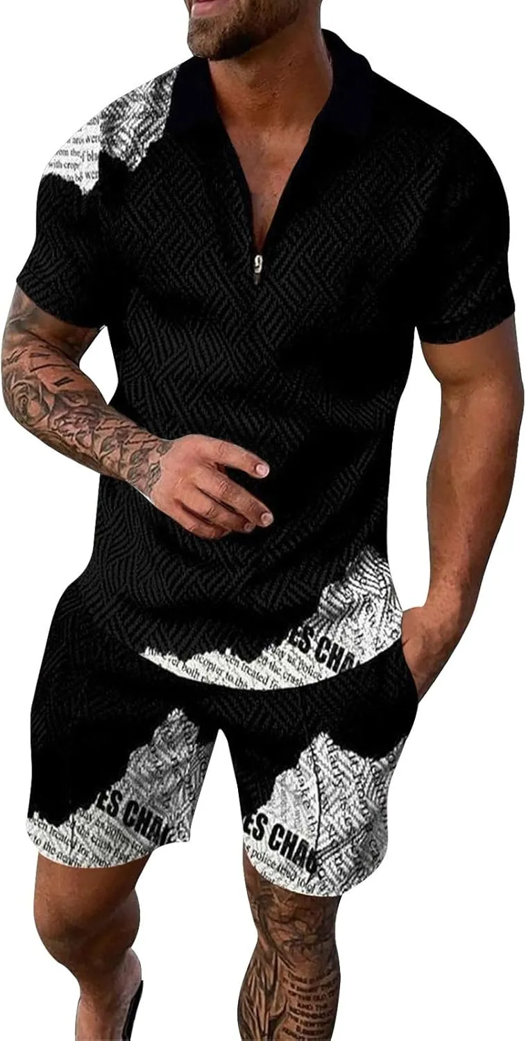 Mens Linen Outfits 2 Piece Men'S Vacation Clothes Striped Short Sleeve Mens Polo Shirts 2 Pieces Set Men Beach Outfits Sets