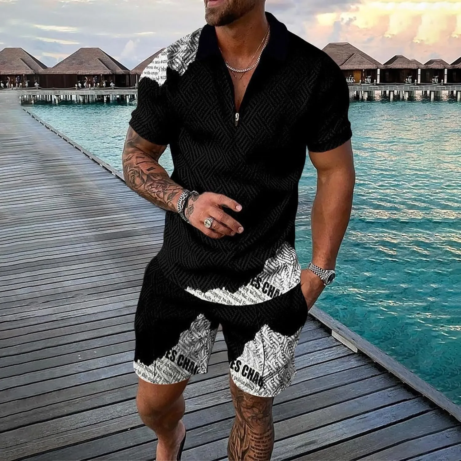 Mens Linen Outfits 2 Piece Men'S Vacation Clothes Striped Short Sleeve Mens Polo Shirts 2 Pieces Set Men Beach Outfits Sets