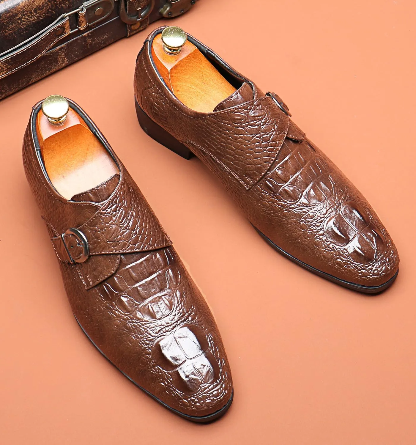 Mens Loafers Casual Dress Leather Buckle Loafers Prom Wedding Fashion Crocodile Skin Texture Moccasins Business Tuxedo Shoes for Men