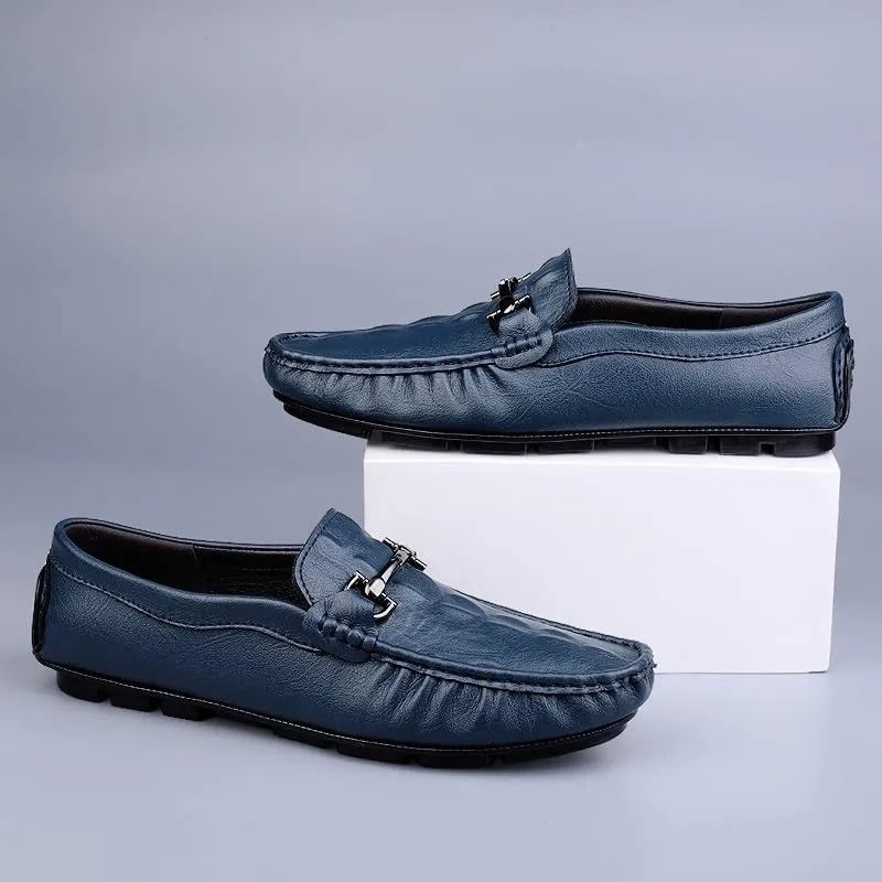 Men's Loafers - Lightweight Leather Slip-Ons with Round Toe, Crocodile Print, Flexible Flat Heel, Casual Driving Loafers, Anti-Slip Design