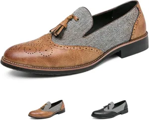 Men's Patchwork Two Tone Slip On Tassel Dress Loafers Fashion Hand Stitched Leather Carving Punched Brogues Oxford Shoes Pointed Toe Low Top Luxury Business Formal Shoes