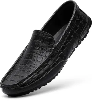 Men's Penny Loafers Crocodile Pattern Leather Loafers Soft Lightweight Black Slip-On Driving Moccasins Boat Shoes