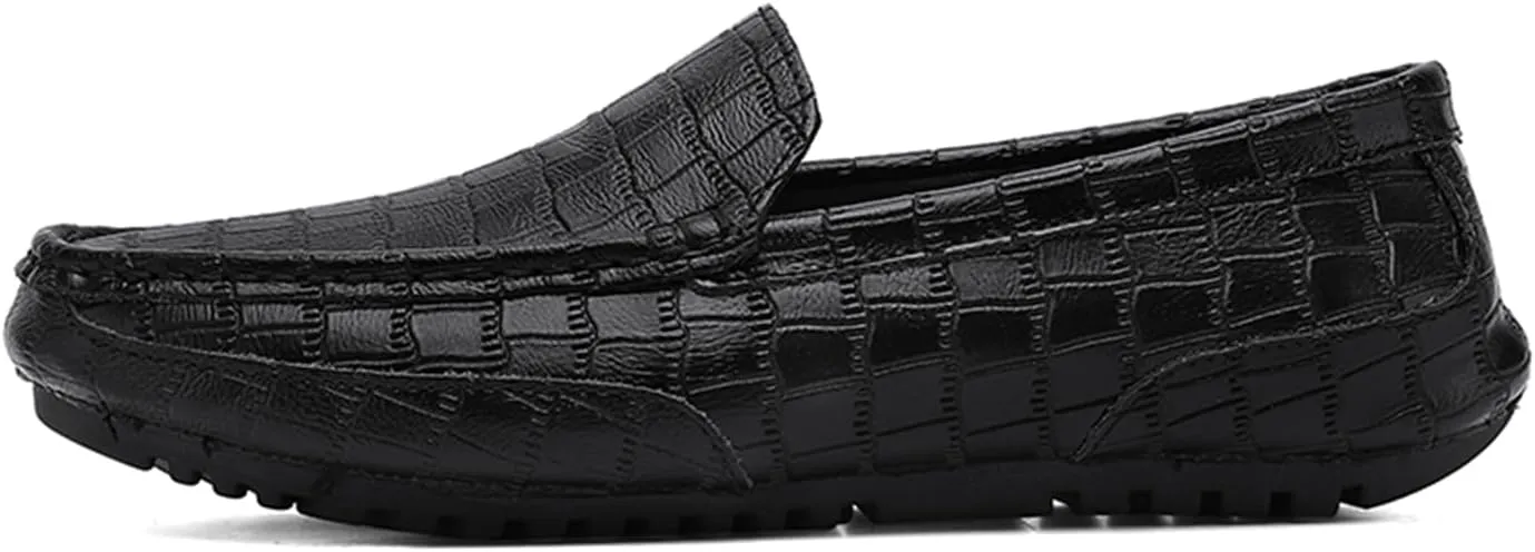 Men's Penny Loafers Crocodile Pattern Leather Loafers Soft Lightweight Black Slip-On Driving Moccasins Boat Shoes