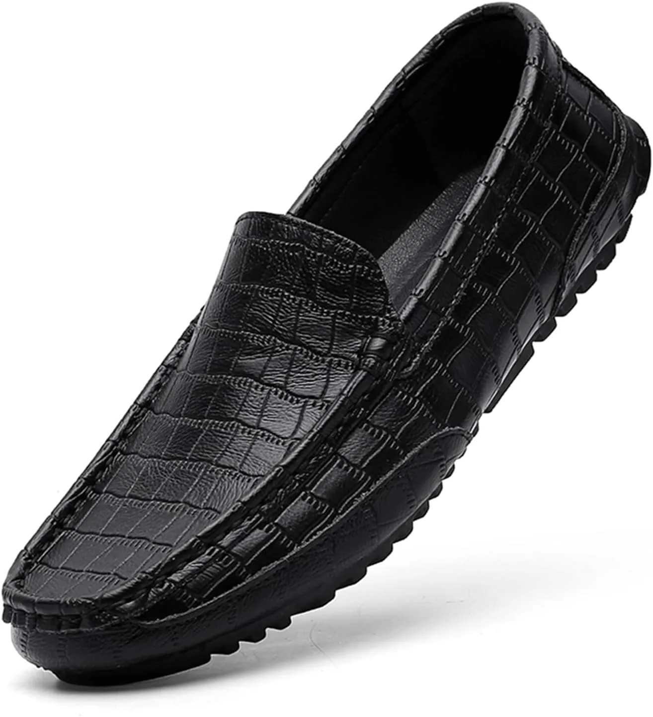 Men's Penny Loafers Crocodile Pattern Leather Loafers Soft Lightweight Black Slip-On Driving Moccasins Boat Shoes
