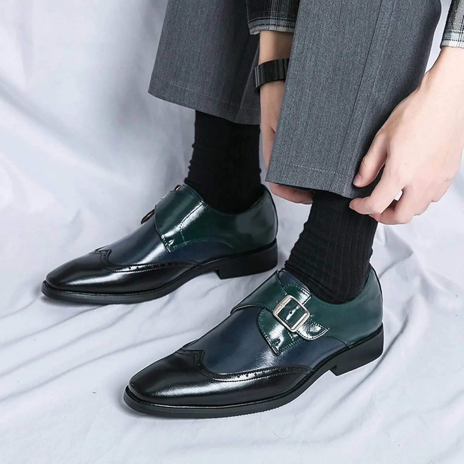 Men's Pointed Toe Patent Leather Two Tone Brogue Loafers with Monk Buckle Low Heel Non-Slip Comfortable Slip-On Dress Oxford Shoes Fashion Formal Business Derby Shoes