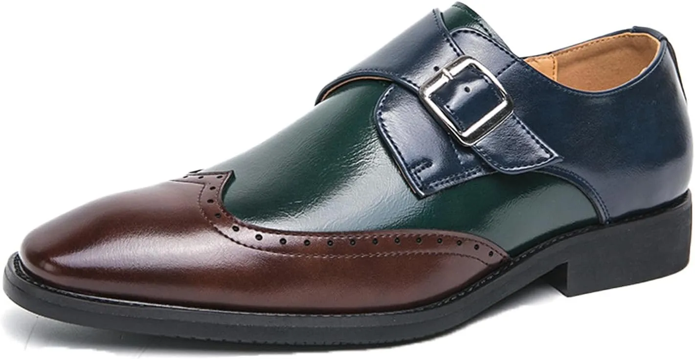 Men's Pointed Toe Patent Leather Two Tone Brogue Loafers with Monk Buckle Low Heel Non-Slip Comfortable Slip-On Dress Oxford Shoes Fashion Formal Business Derby Shoes