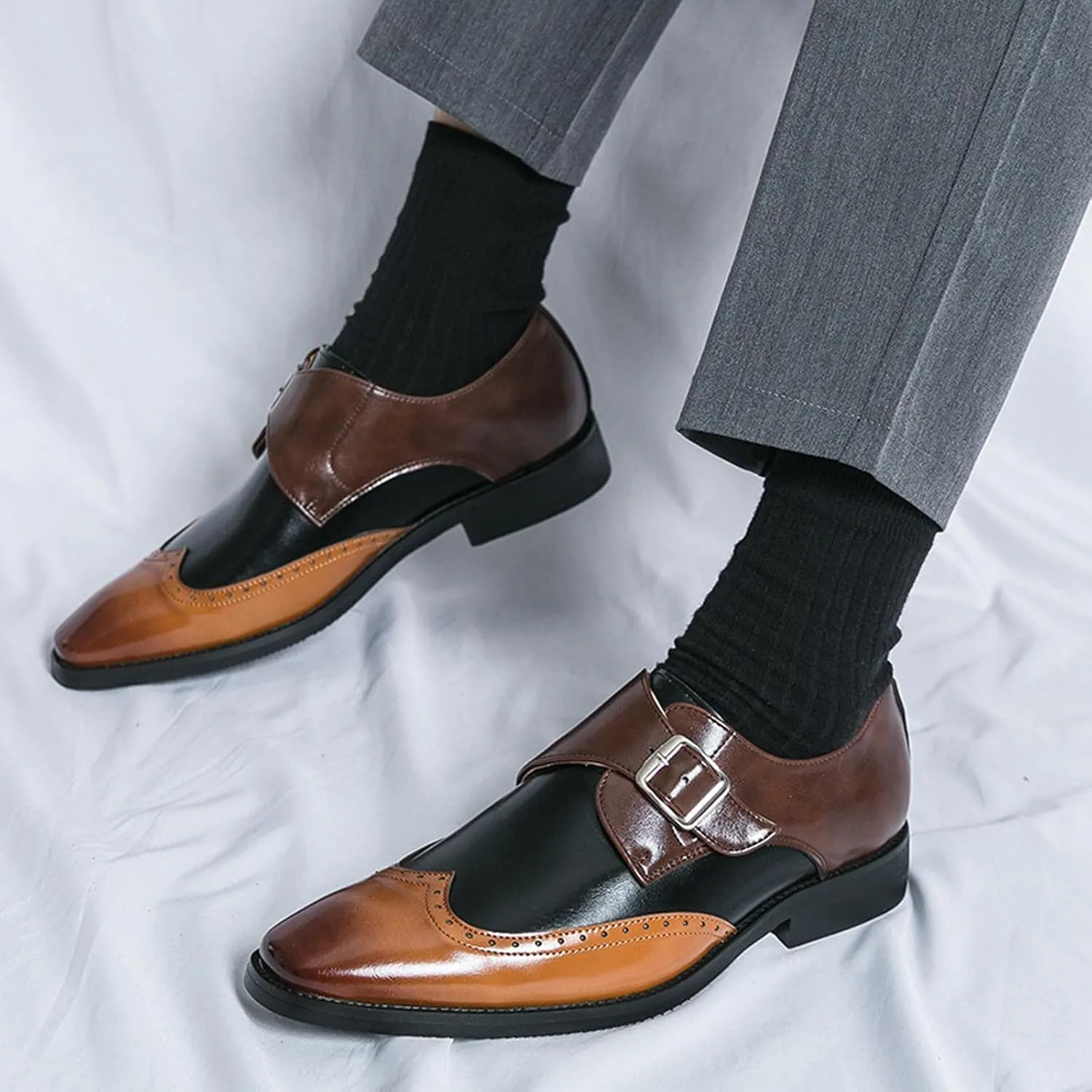 Men's Pointed Toe Patent Leather Two Tone Brogue Loafers with Monk Buckle Low Heel Non-Slip Comfortable Slip-On Dress Oxford Shoes Fashion Formal Business Derby Shoes