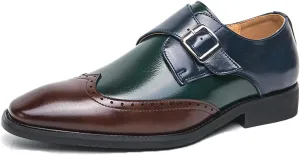 Men's Pointed Toe Patent Leather Two Tone Brogue Loafers with Monk Buckle Low Heel Non-Slip Comfortable Slip-On Dress Oxford Shoes Fashion Formal Business Derby Shoes