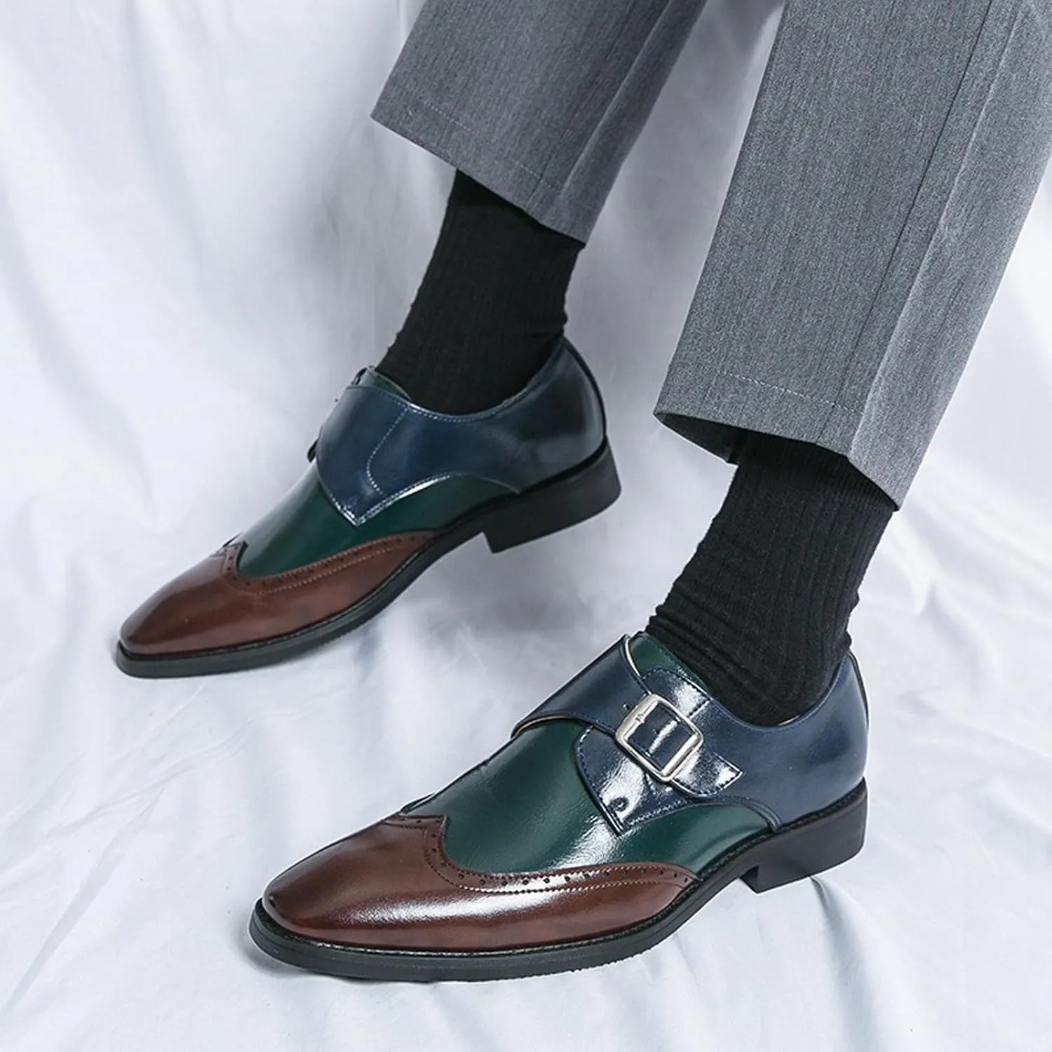 Men's Pointed Toe Patent Leather Two Tone Brogue Loafers with Monk Buckle Low Heel Non-Slip Comfortable Slip-On Dress Oxford Shoes Fashion Formal Business Derby Shoes