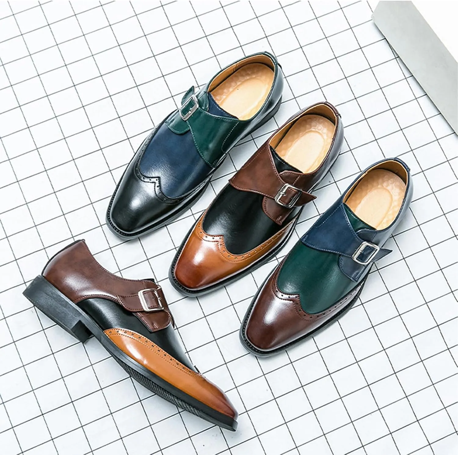Men's Pointed Toe Patent Leather Two Tone Brogue Loafers with Monk Buckle Low Heel Non-Slip Comfortable Slip-On Dress Oxford Shoes Fashion Formal Business Derby Shoes