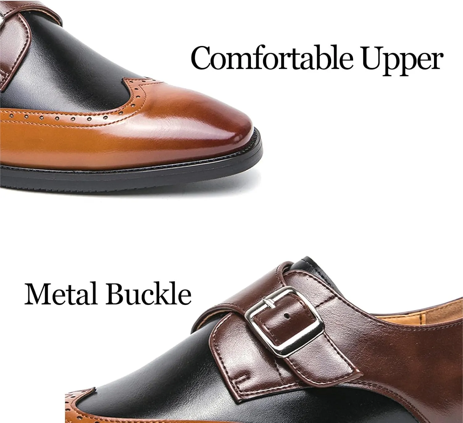 Men's Pointed Toe Patent Leather Two Tone Brogue Loafers with Monk Buckle Low Heel Non-Slip Comfortable Slip-On Dress Oxford Shoes Fashion Formal Business Derby Shoes