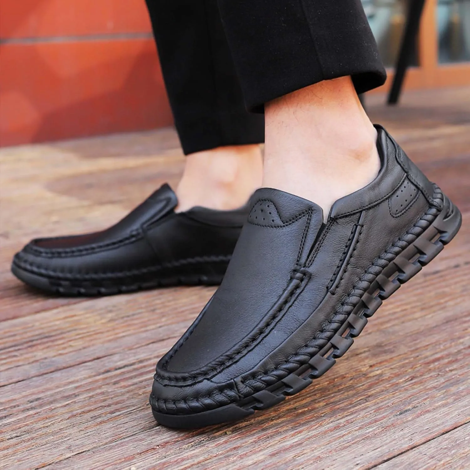 Men's Premium First Layer Cowhide Leather Walking Shoes,Flat Casual Shoes,Casual Loafers Men's,Leather Casual Sneakers,Driving Shoes,Hand Sewn,Two Closure Type Options