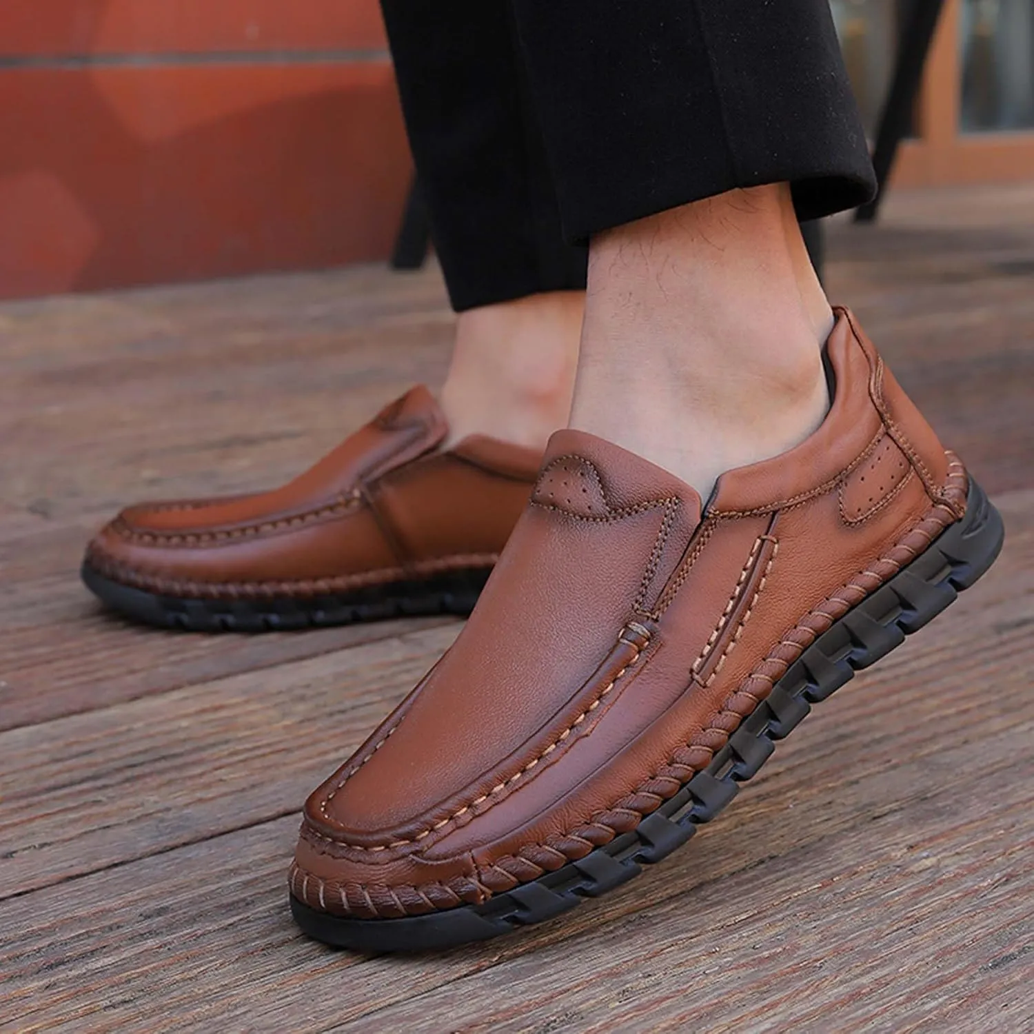 Men's Premium First Layer Cowhide Leather Walking Shoes,Flat Casual Shoes,Casual Loafers Men's,Leather Casual Sneakers,Driving Shoes,Hand Sewn,Two Closure Type Options