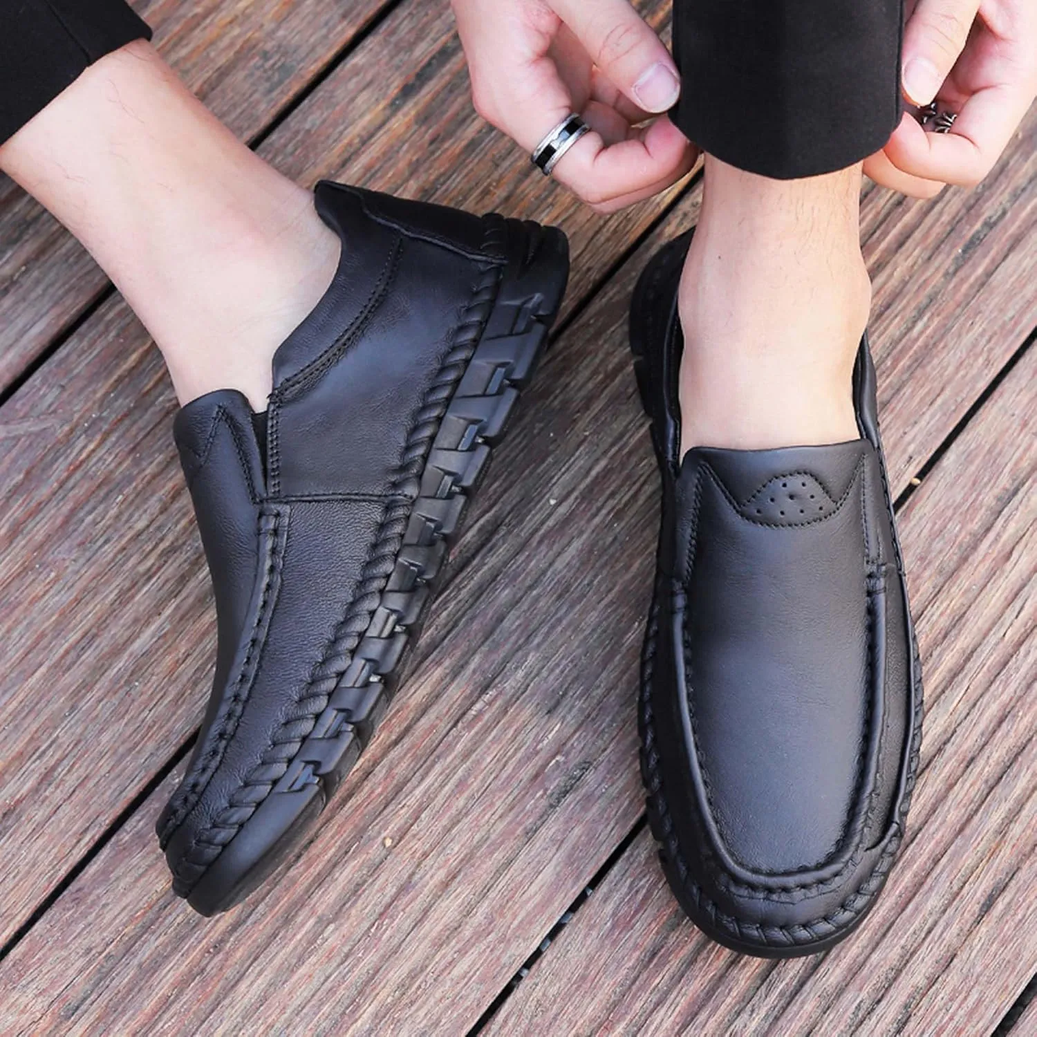 Men's Premium First Layer Cowhide Leather Walking Shoes,Flat Casual Shoes,Casual Loafers Men's,Leather Casual Sneakers,Driving Shoes,Hand Sewn,Two Closure Type Options