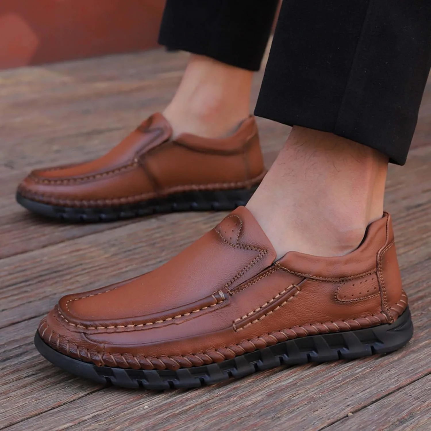 Men's Premium First Layer Cowhide Leather Walking Shoes,Flat Casual Shoes,Casual Loafers Men's,Leather Casual Sneakers,Driving Shoes,Hand Sewn,Two Closure Type Options