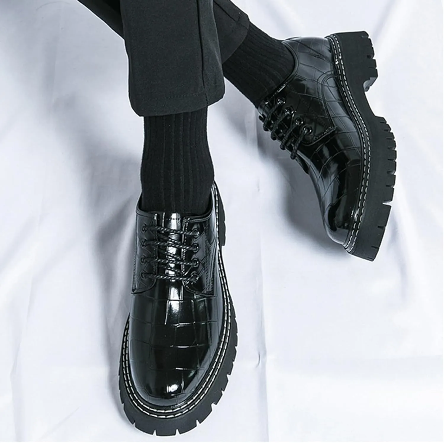 Men's Print Lace Up Platform Increase Oxfords,Fashion PU Leather Lug Sole Loafers Classic Round Toe Comfort Slip On Dress Shoes
