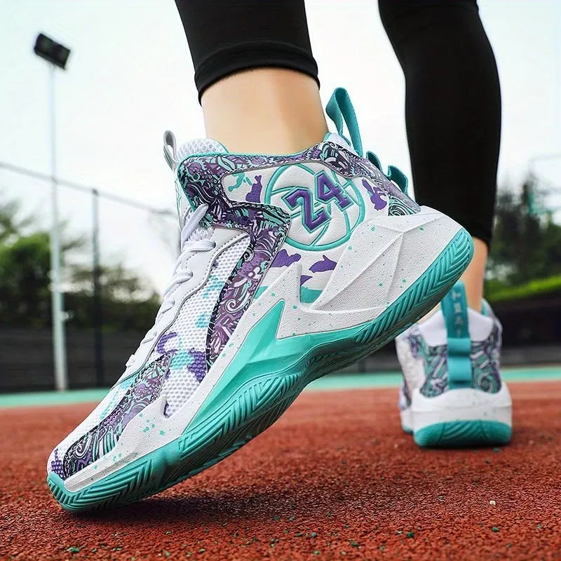 Men's Purple & White Basketball Sneakers – Camouflage High-Top Lace-Up Design | All-Season Comfort, Sports & Casual Wear