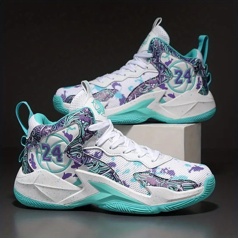 Men's Purple & White Basketball Sneakers – Camouflage High-Top Lace-Up Design | All-Season Comfort, Sports & Casual Wear