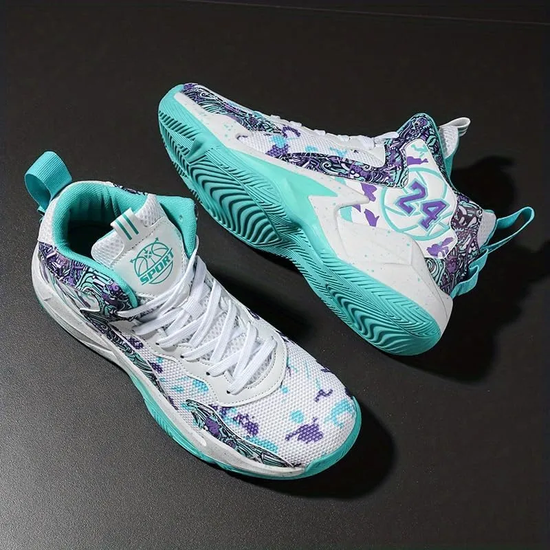 Men's Purple & White Basketball Sneakers – Camouflage High-Top Lace-Up Design | All-Season Comfort, Sports & Casual Wear