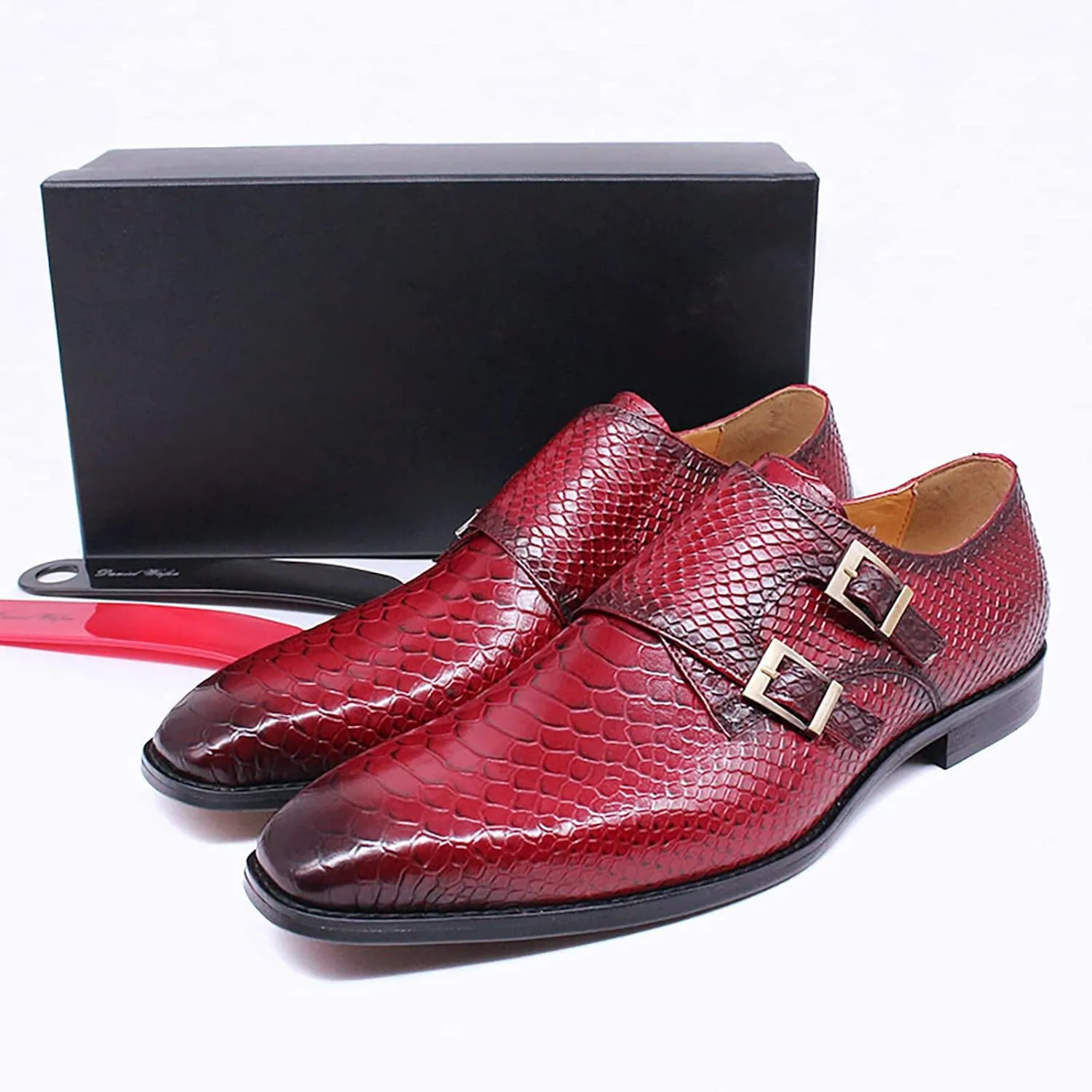 Mens Real Leather Dress Loafers Brogues Slip On Moccasins Double Buckle Monk Shoe Office Wedding Formal Shoes,Blue-40