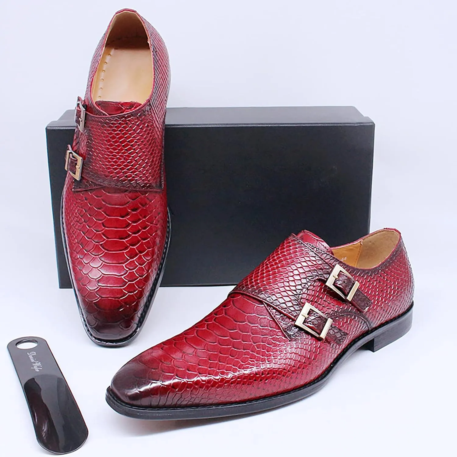 Mens Real Leather Dress Loafers Brogues Slip On Moccasins Double Buckle Monk Shoe Office Wedding Formal Shoes,Blue-40