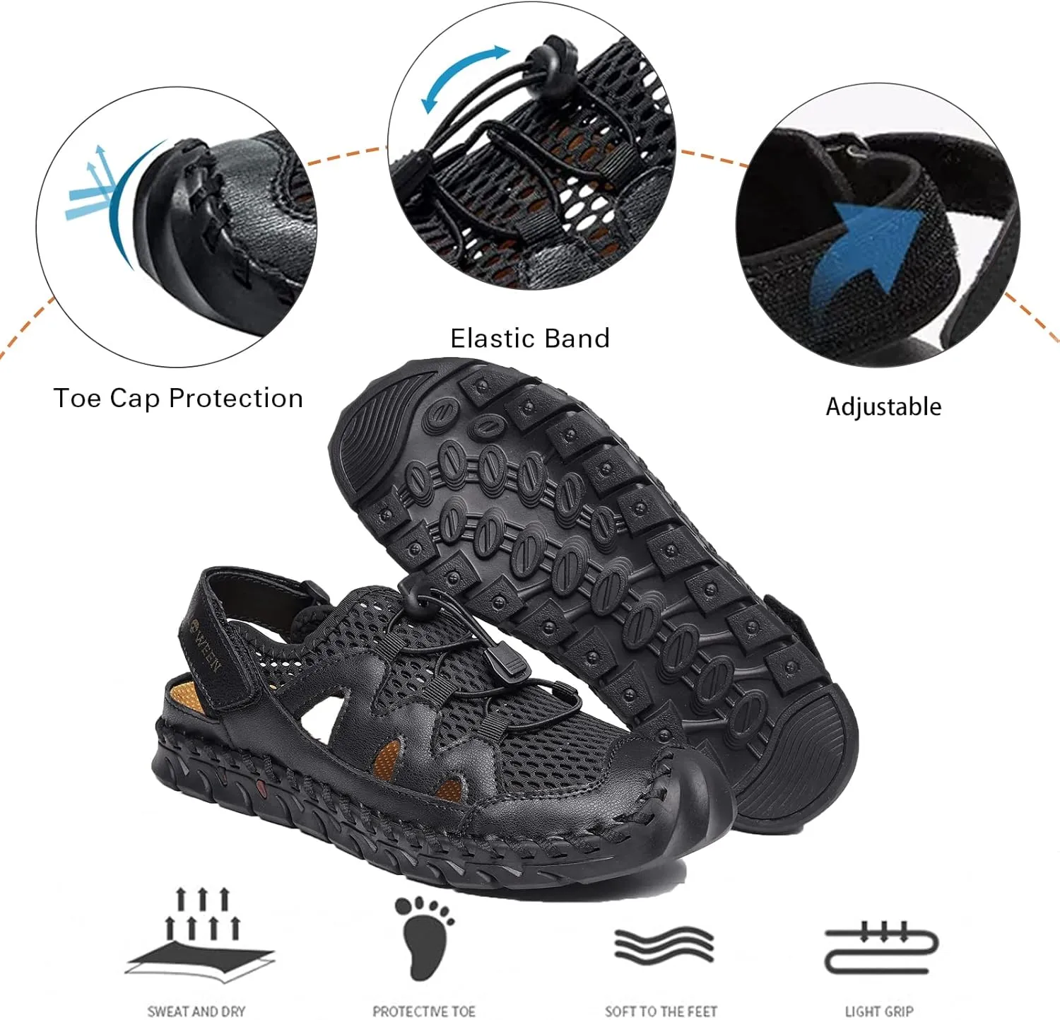 Men's Sandals, Summer Leather Fisherman Beach Shoes Closed Toe Sandals for Men Handmade Breathable Water Sandals Outdoor Non Slip Walking Shoes Anti Collision Comfort Hiking Athletic Slides Sandals