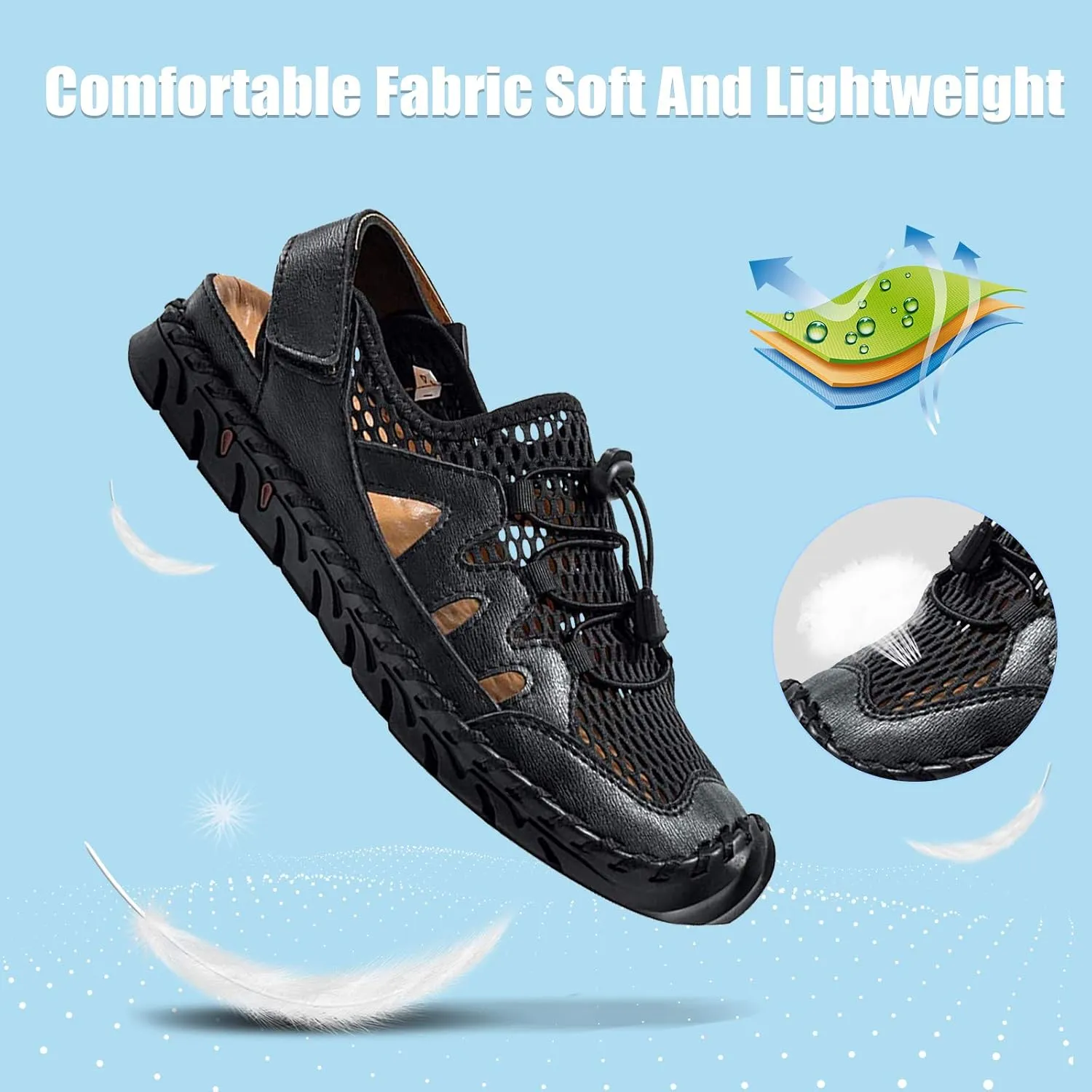 Men's Sandals, Summer Leather Fisherman Beach Shoes Closed Toe Sandals for Men Handmade Breathable Water Sandals Outdoor Non Slip Walking Shoes Anti Collision Comfort Hiking Athletic Slides Sandals