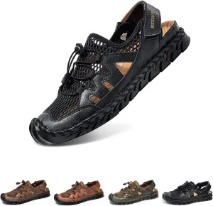 Men's Sandals, Summer Leather Fisherman Beach Shoes Closed Toe Sandals for Men Handmade Breathable Water Sandals Outdoor Non Slip Walking Shoes Anti Collision Comfort Hiking Athletic Slides Sandals