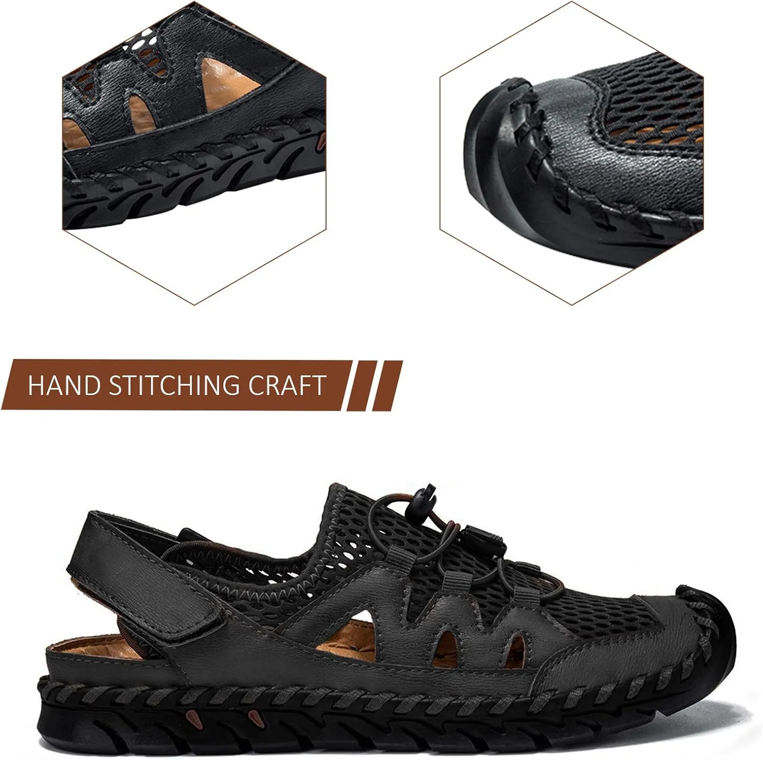 Men's Sandals, Summer Leather Fisherman Beach Shoes Closed Toe Sandals for Men Handmade Breathable Water Sandals Outdoor Non Slip Walking Shoes Anti Collision Comfort Hiking Athletic Slides Sandals