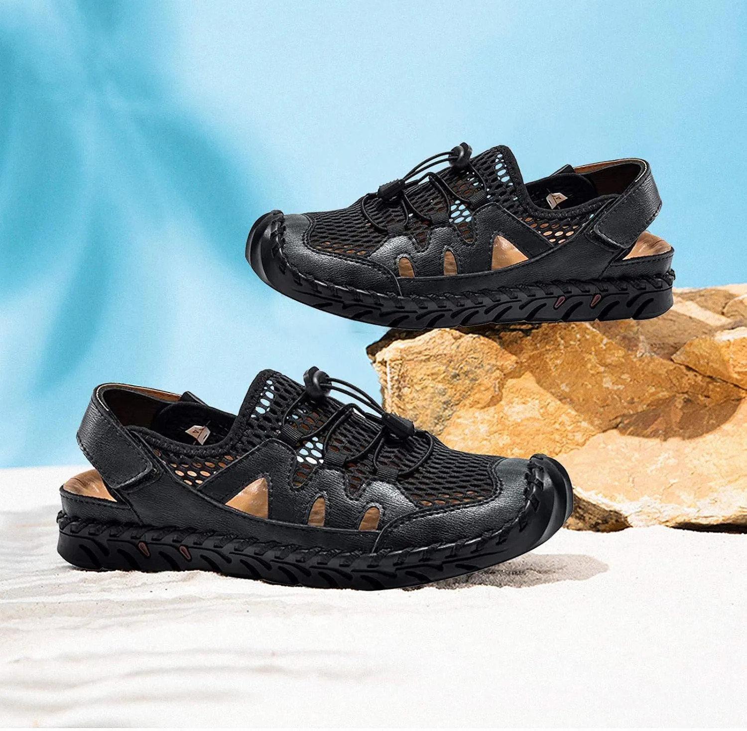 Men's Sandals, Summer Leather Fisherman Beach Shoes Closed Toe Sandals for Men Handmade Breathable Water Sandals Outdoor Non Slip Walking Shoes Anti Collision Comfort Hiking Athletic Slides Sandals