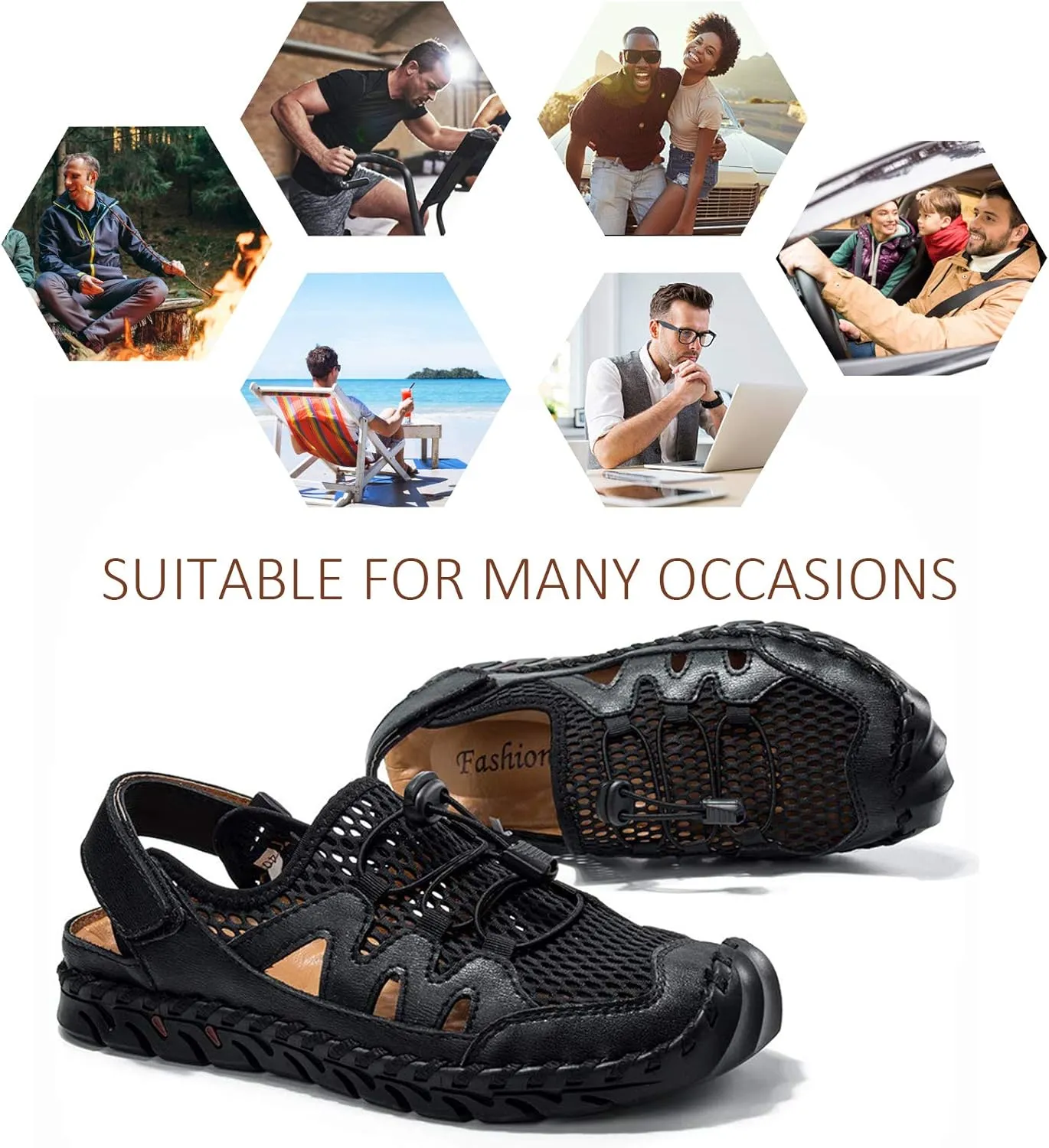 Men's Sandals, Summer Leather Fisherman Beach Shoes Closed Toe Sandals for Men Handmade Breathable Water Sandals Outdoor Non Slip Walking Shoes Anti Collision Comfort Hiking Athletic Slides Sandals