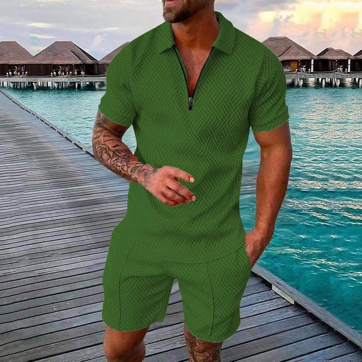 Men's Short Sets 2 Piece Beach Vacation Outfits Casual Summer Beach Jogging Track Suits Matching Polo Shirt and Shorts Sets