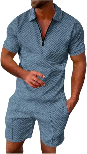 Men's Short Sets 2 Piece Beach Vacation Outfits Casual Summer Beach Jogging Track Suits Matching Polo Shirt and Shorts Sets