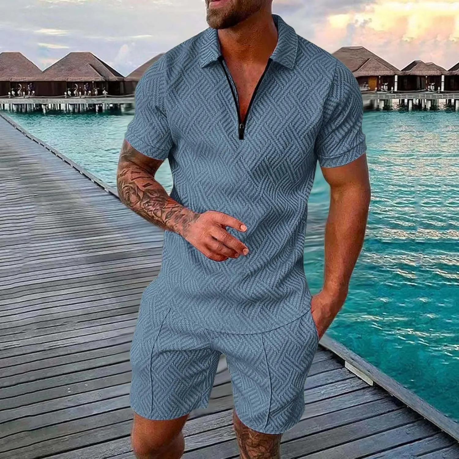 Men's Short Sets 2 Piece Beach Vacation Outfits Casual Summer Beach Jogging Track Suits Matching Polo Shirt and Shorts Sets