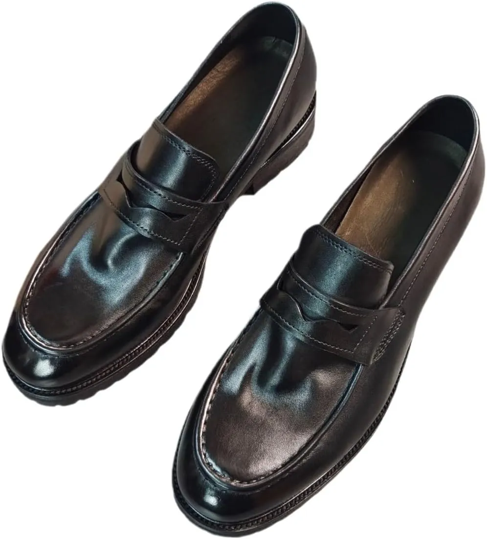 Men's Slip-On Venetian Leather Loafers Elastic Gore Construction with Burnished Finish for Conference Travel