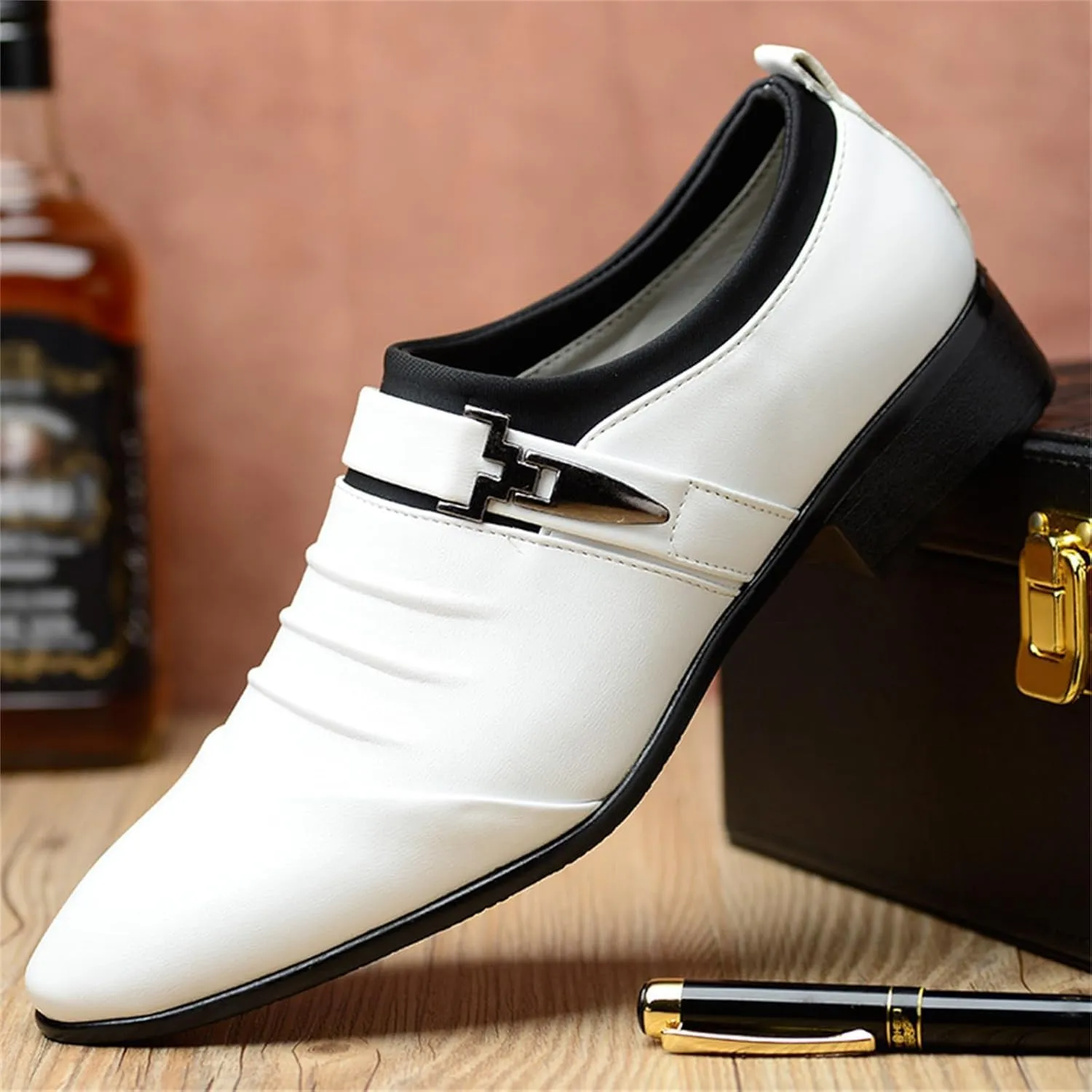 Men's Strap Buckle Slip-on Dress Loafers Shoes Formal Tuxedo Leather Shoes for Male Business Work Office