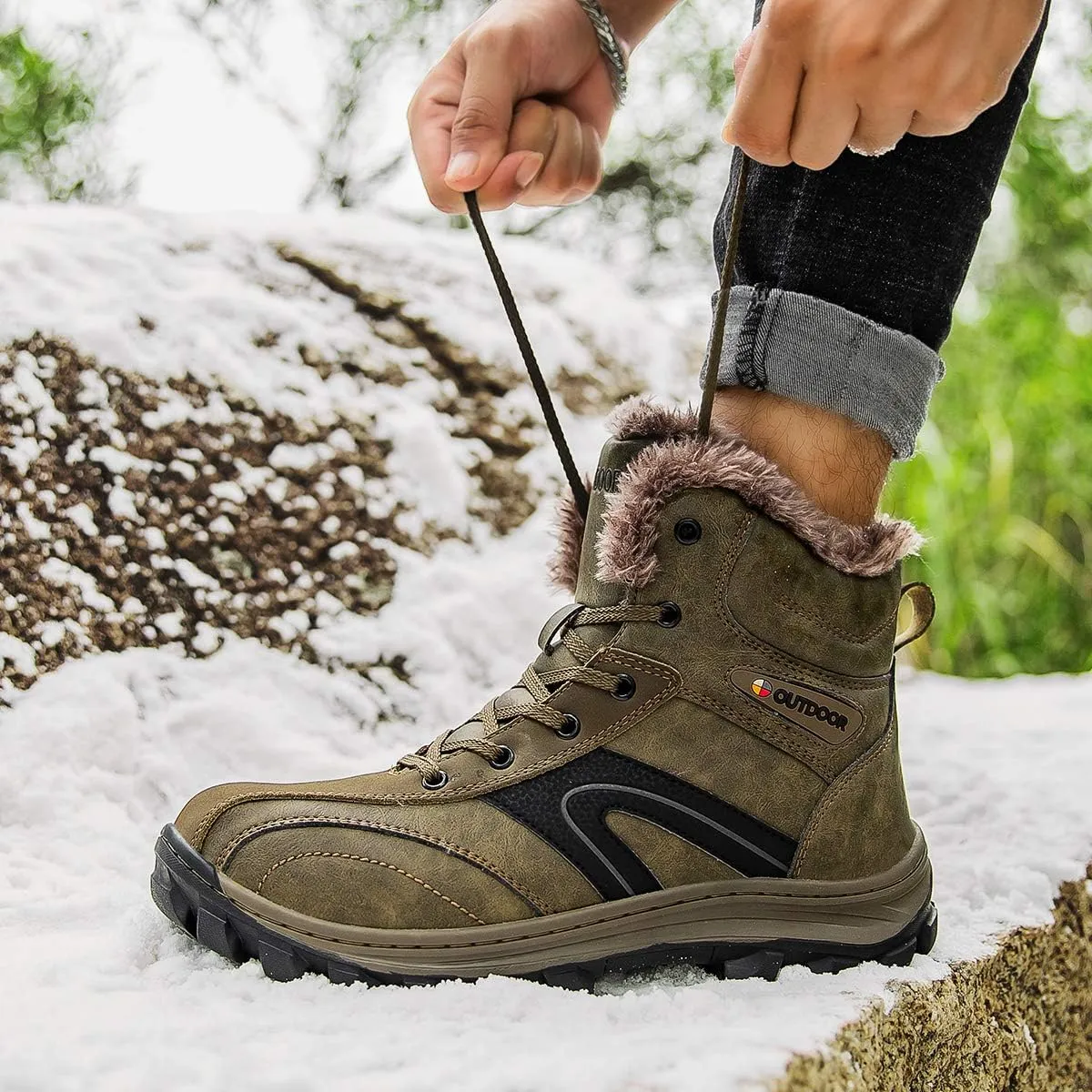 Men's Waterproof Hiking Boots Mid Outdoor Backpacking Trekking Boots Winter Warm Fur Lined Snow Boots