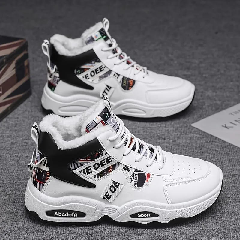 Men's Winter Warm Fleece-Lined Sneakers - Casual Sneakers with Lace-Up Closure, Non-Slip PVC Sole for Outdoor Activities