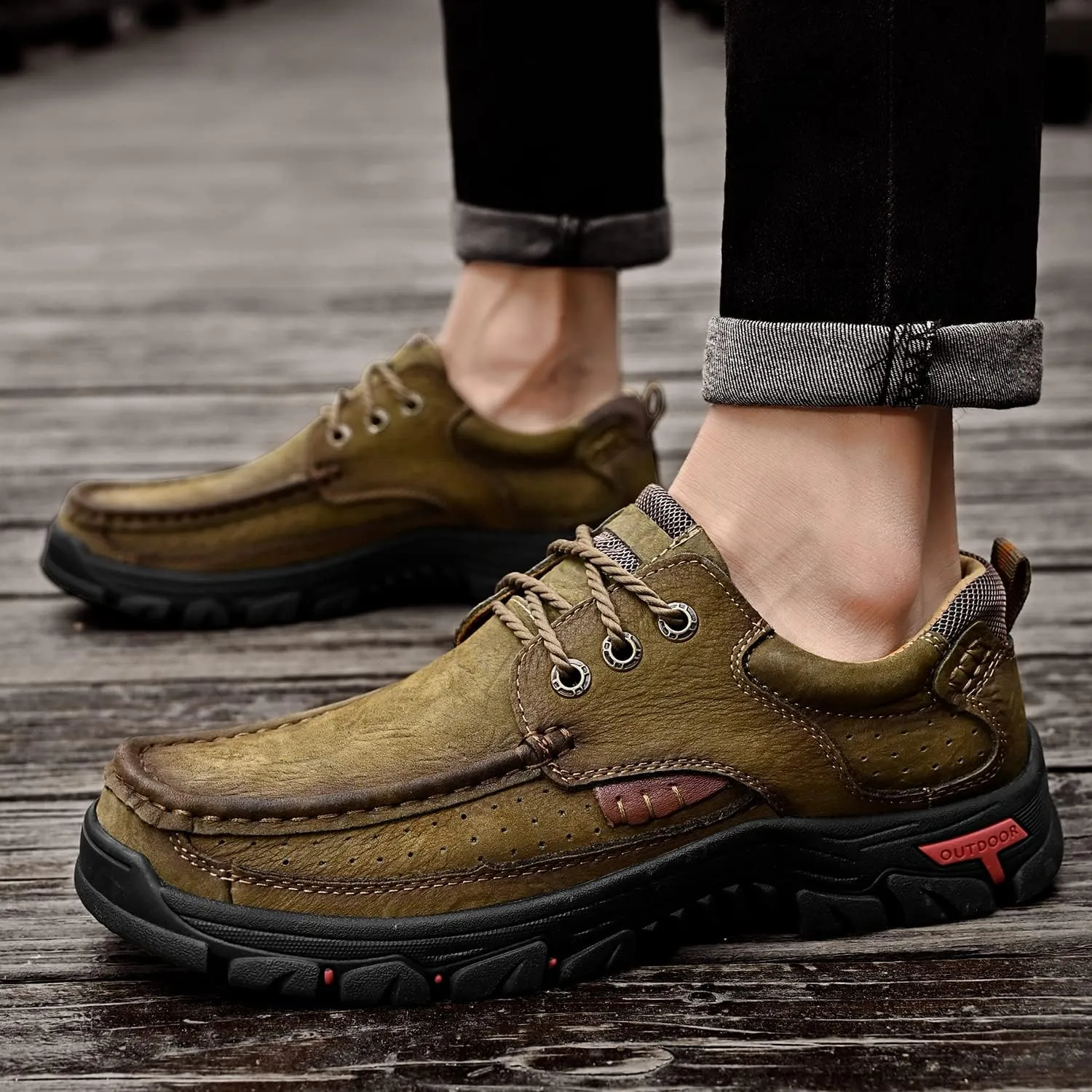 Mens with Laces Slip On Casual Loafers Classic Outdoor Leather Walking Hiking Shoes Comfortable for Work Office Dress Outdoor