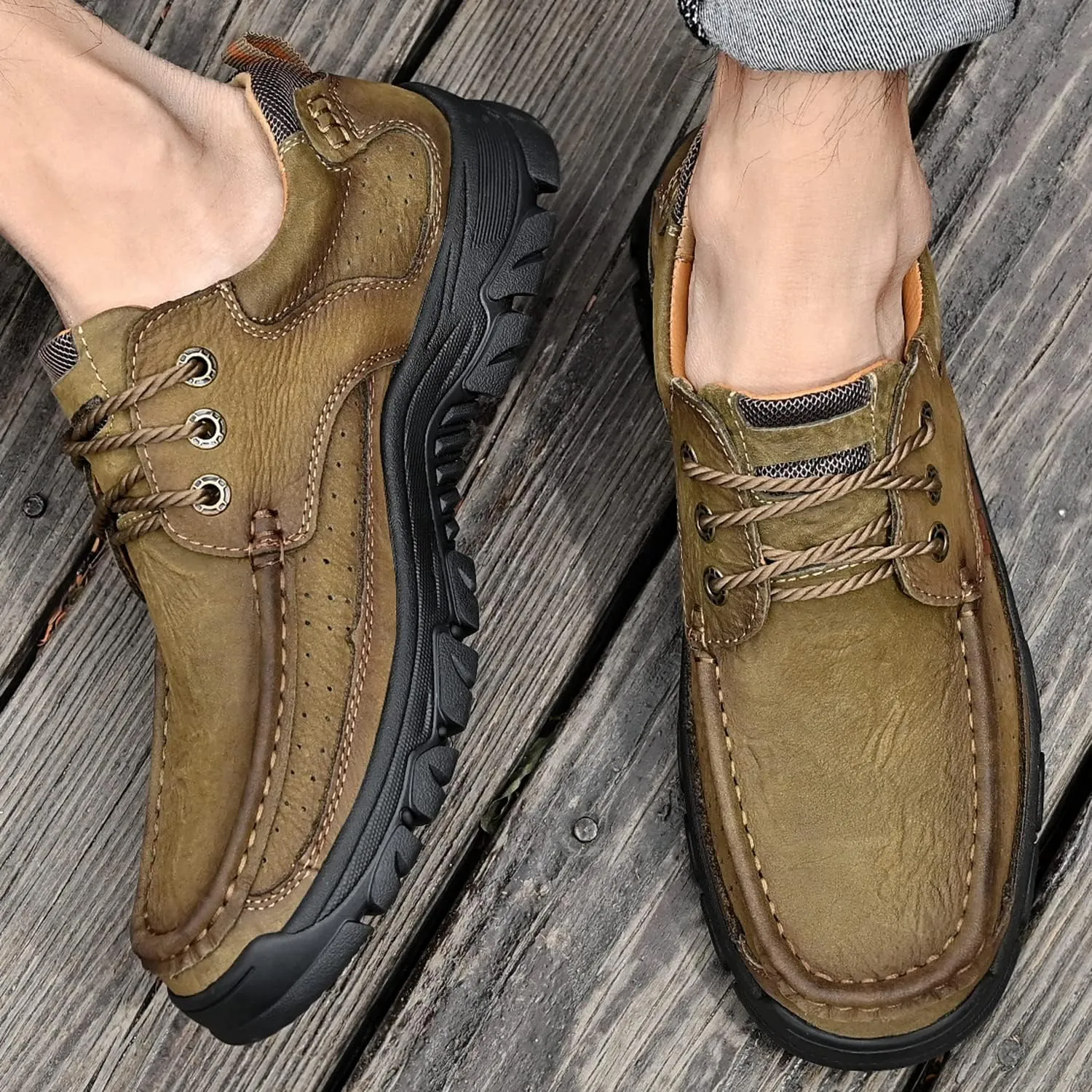 Mens with Laces Slip On Casual Loafers Classic Outdoor Leather Walking Hiking Shoes Comfortable for Work Office Dress Outdoor