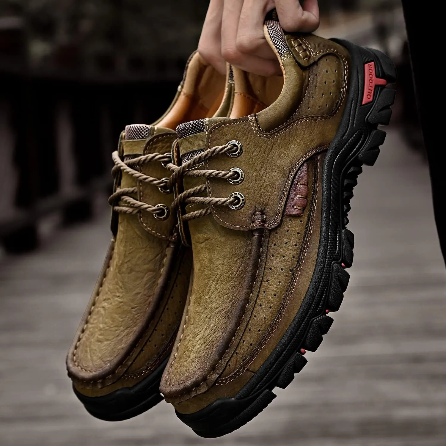 Mens with Laces Slip On Casual Loafers Classic Outdoor Leather Walking Hiking Shoes Comfortable for Work Office Dress Outdoor