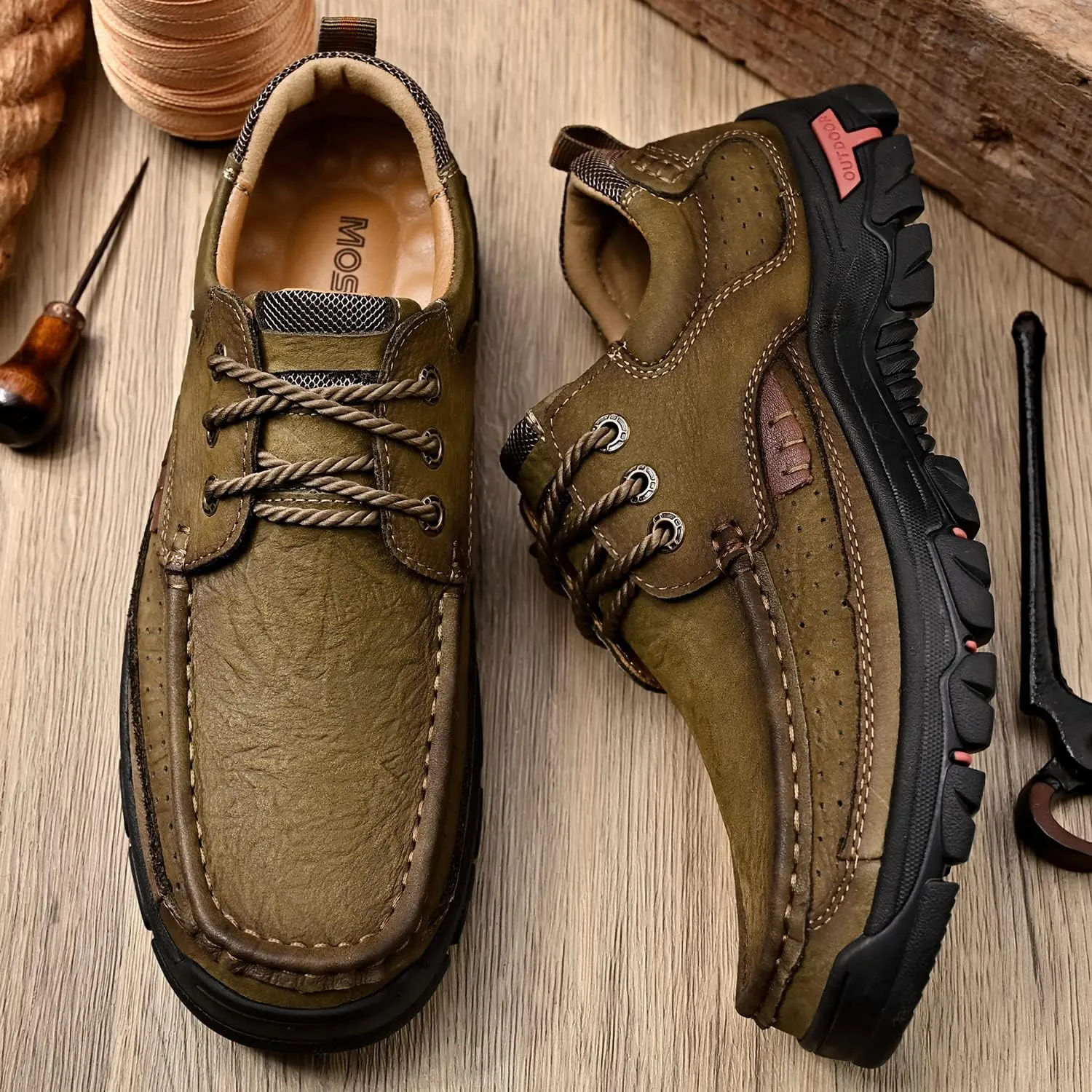 Mens with Laces Slip On Casual Loafers Classic Outdoor Leather Walking Hiking Shoes Comfortable for Work Office Dress Outdoor