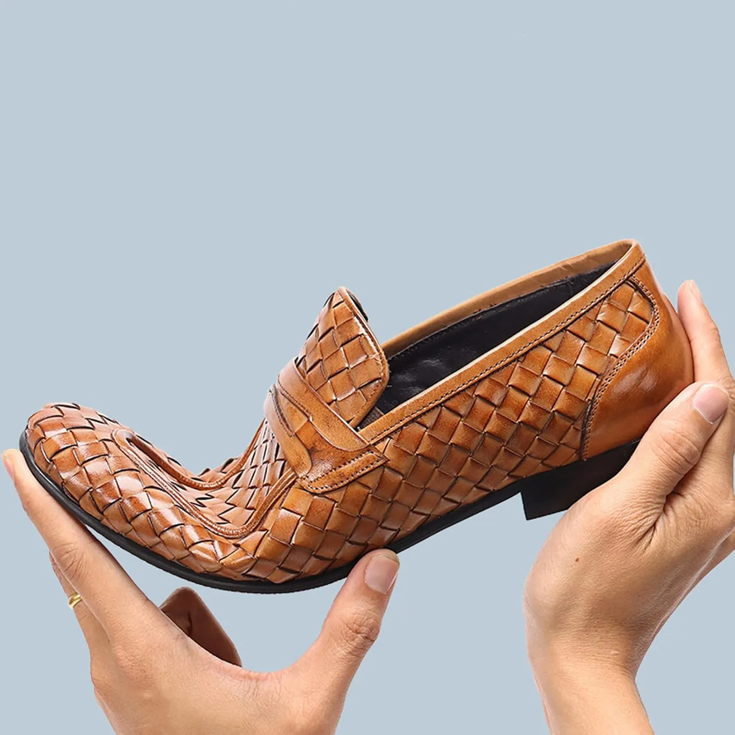 Men's Woven Leather Slip-On Formal Oxfords,Comfortable Breathable Business Flat Loafers Luxury Wedding Party Dress Shoes Soft Sole Walking Shoes