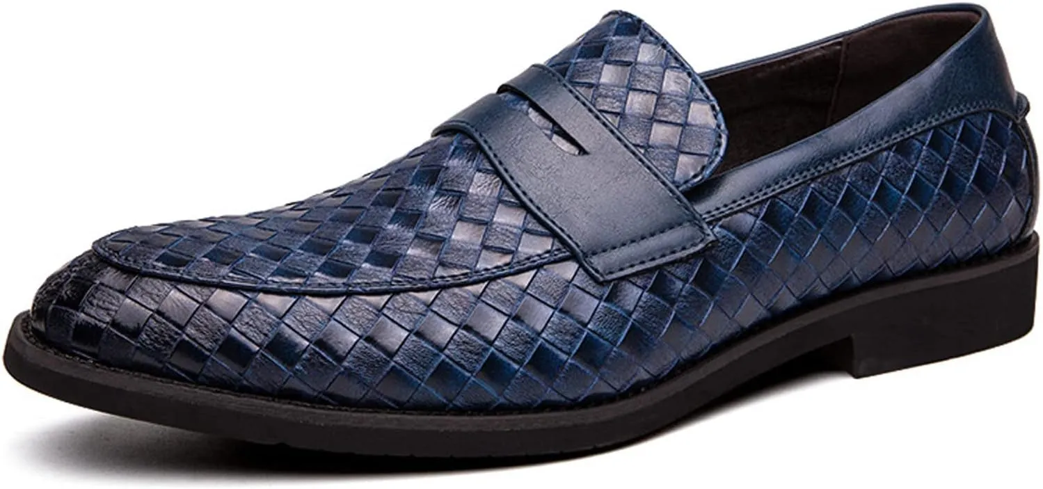 Men's Woven Leather Slip-On Formal Oxfords,Comfortable Breathable Business Flat Loafers Luxury Wedding Party Dress Shoes Soft Sole Walking Shoes