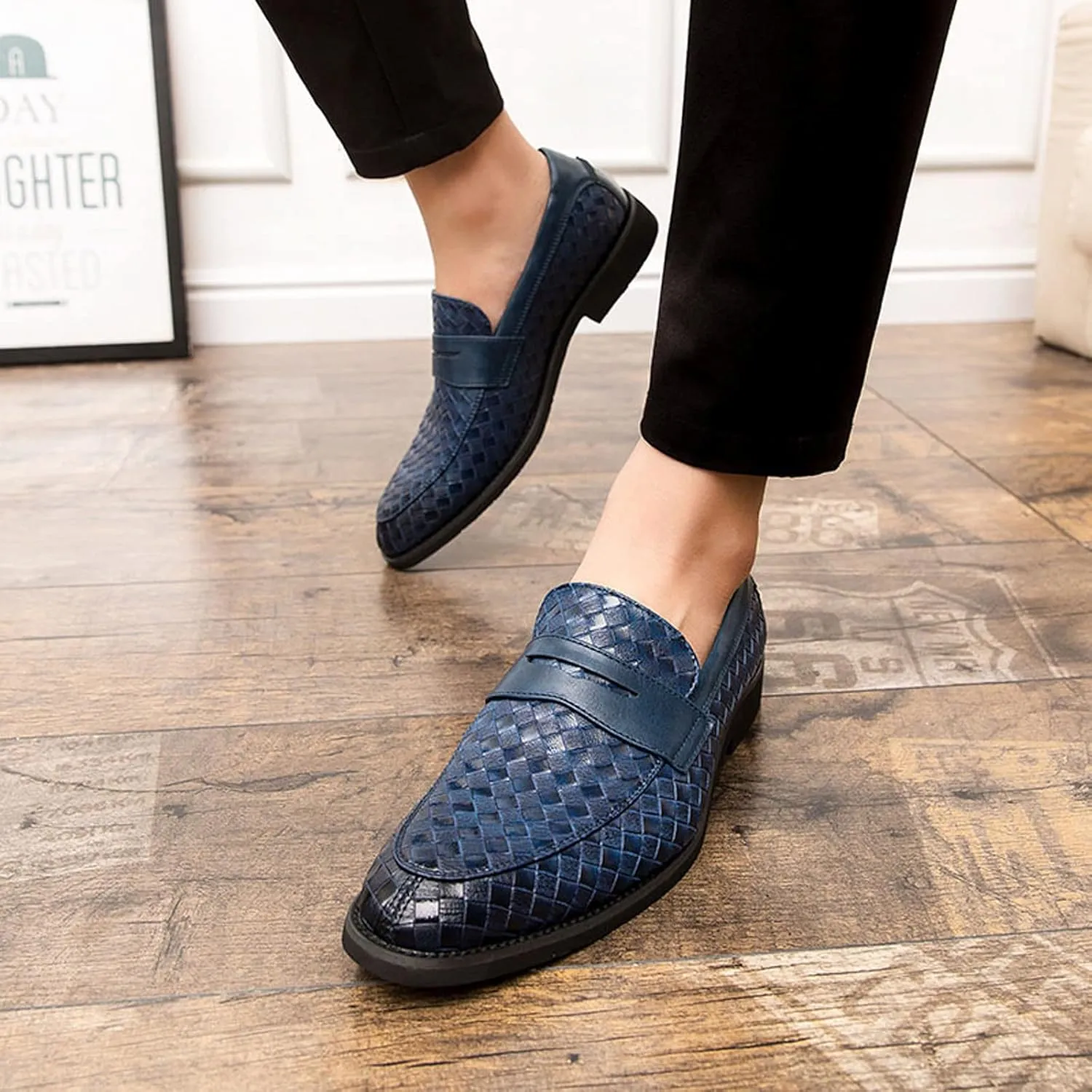 Men's Woven Leather Slip-On Formal Oxfords,Comfortable Breathable Business Flat Loafers Luxury Wedding Party Dress Shoes Soft Sole Walking Shoes