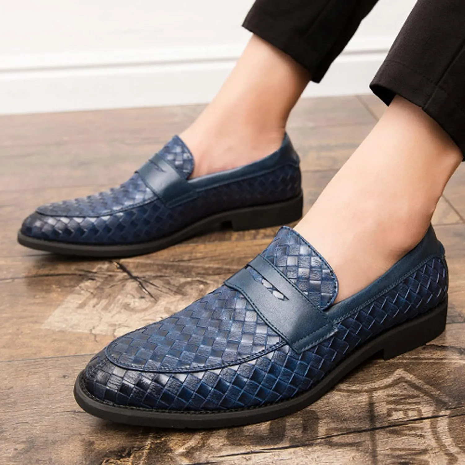Men's Woven Leather Slip-On Formal Oxfords,Comfortable Breathable Business Flat Loafers Luxury Wedding Party Dress Shoes Soft Sole Walking Shoes