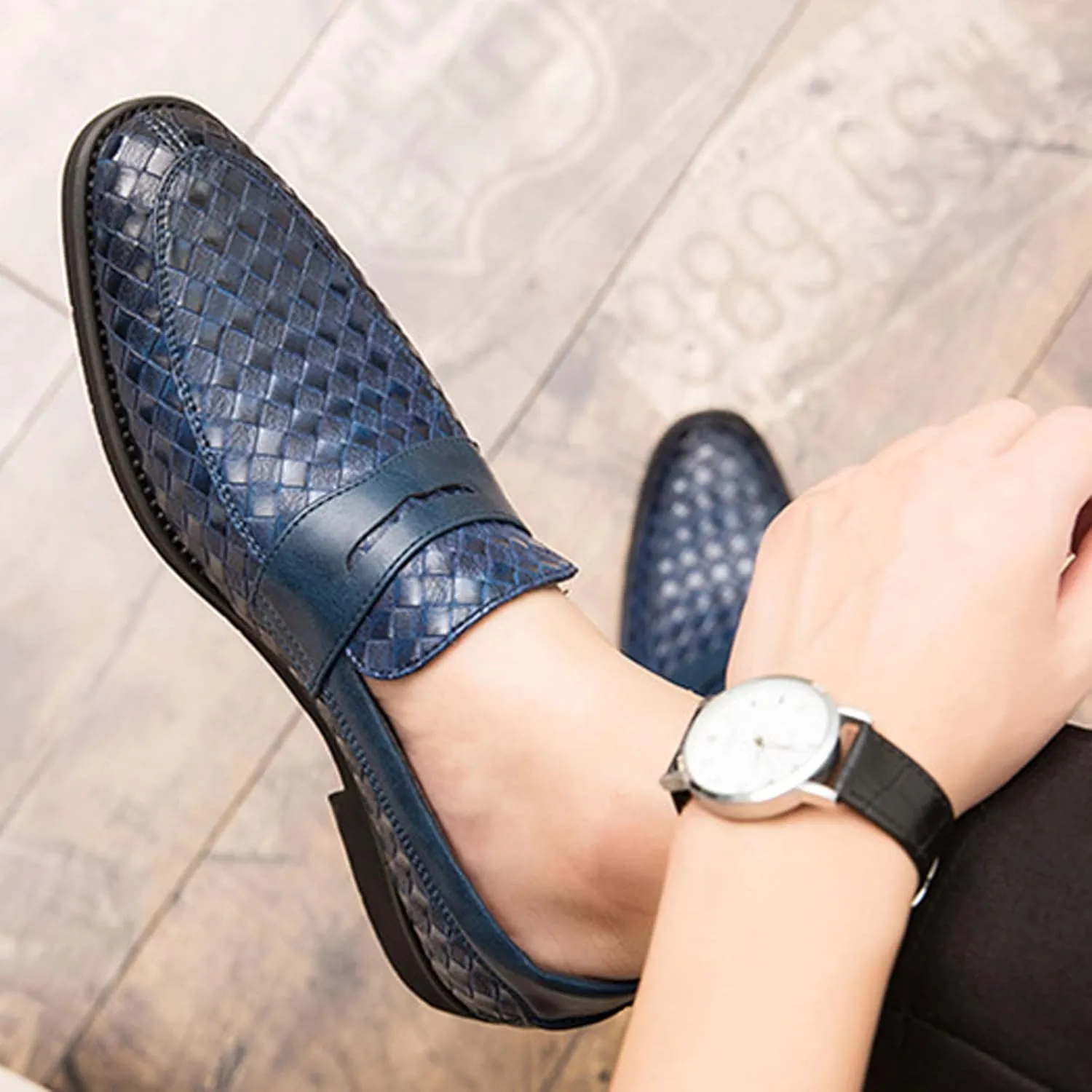 Men's Woven Leather Slip-On Formal Oxfords,Comfortable Breathable Business Flat Loafers Luxury Wedding Party Dress Shoes Soft Sole Walking Shoes