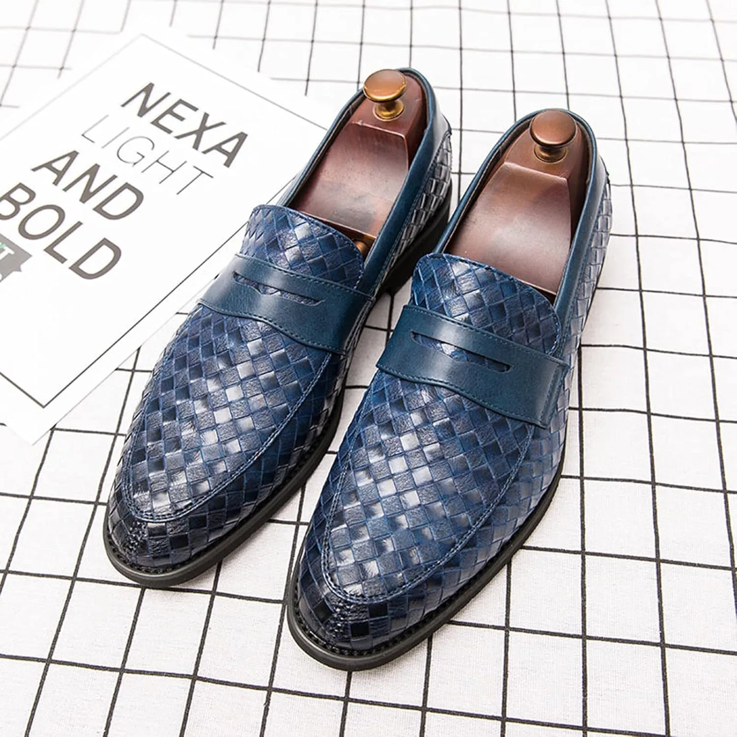 Men's Woven Leather Slip-On Formal Oxfords,Comfortable Breathable Business Flat Loafers Luxury Wedding Party Dress Shoes Soft Sole Walking Shoes