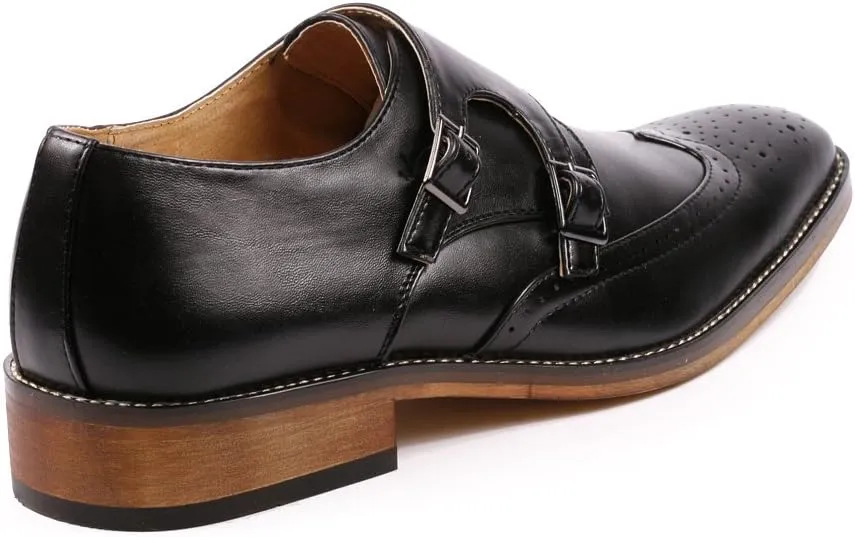 Metrocharm MC104 Men's Double Monk Strap Wing Tip Perforated Slip On Loafers Dress Shoes
